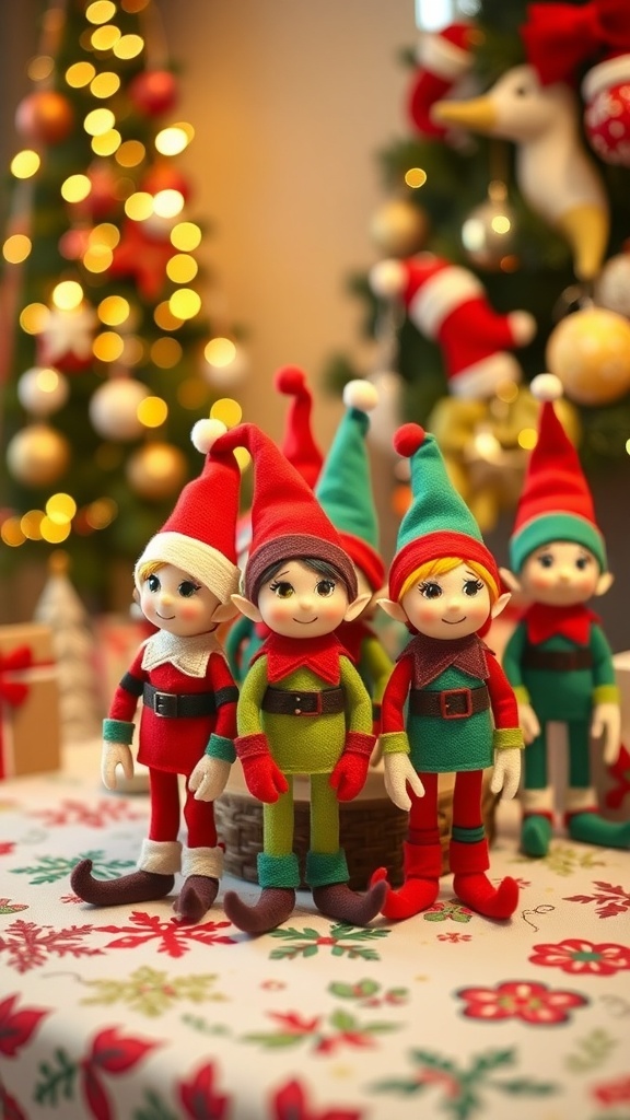 Colorful DIY Christmas elf decorations made from felt, displayed on a festive table with holiday lights.